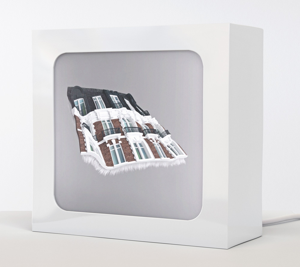 New York architecture as a dreamy video artwork presented in a sleek white steel frame