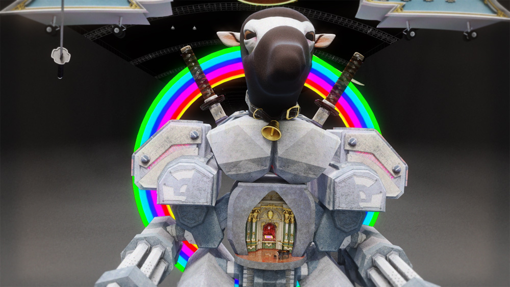 Lamb robotic ninja with rainbow from post-internet video art installation