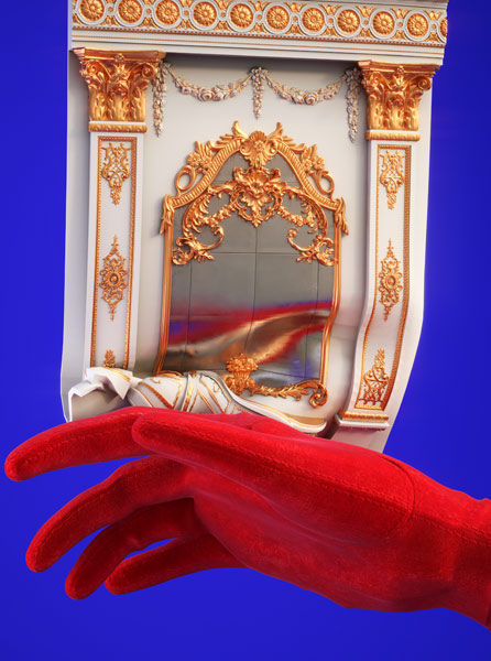 red velvet glove touching baroque architecture on blue background