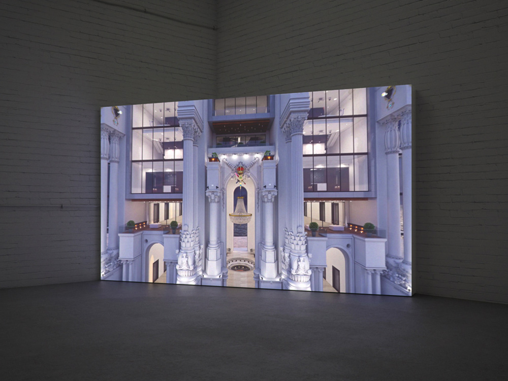 Large video installation by Jonathan Monaghan showing surreal architecture