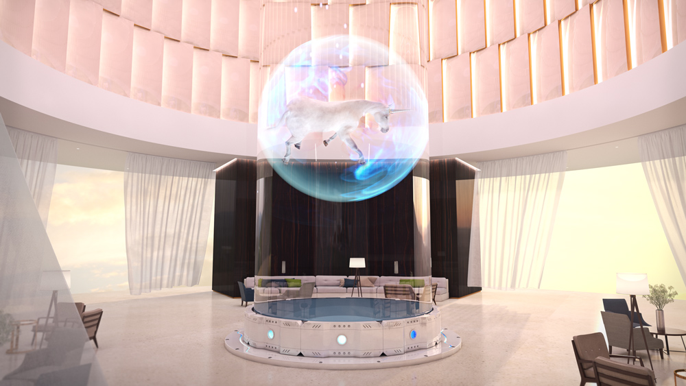 Jonathan Monaghan video art Disco Beast showing a unicorn in a luxury hotel lobby