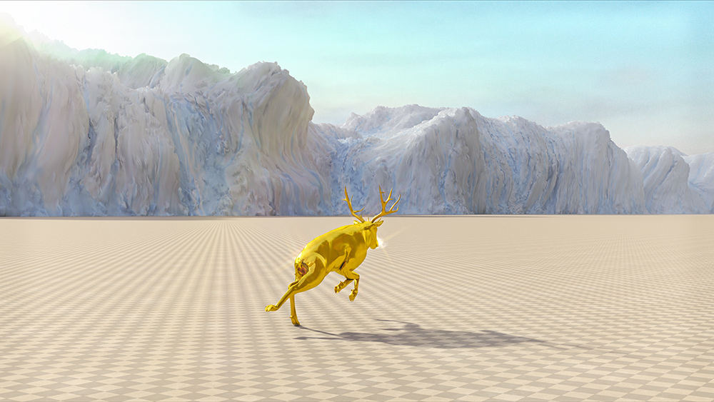 A golden deer runs through dreamlike environments