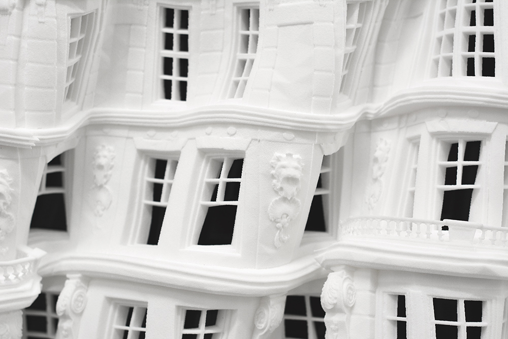 detail of 3D printed sculpture showing New York architecture like a type of fabric