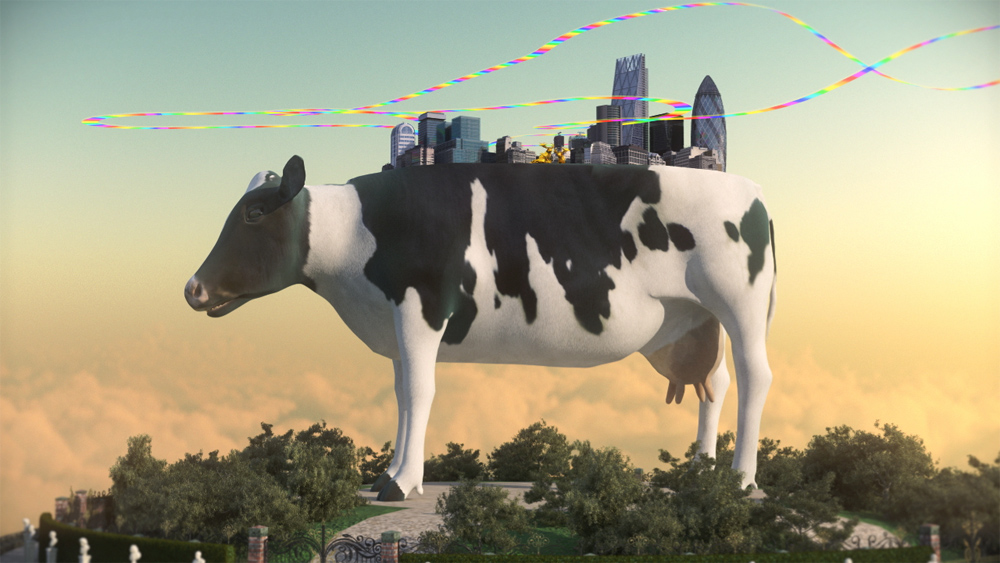 Dream-like still showing the financial center of London on the back of a mythical cow