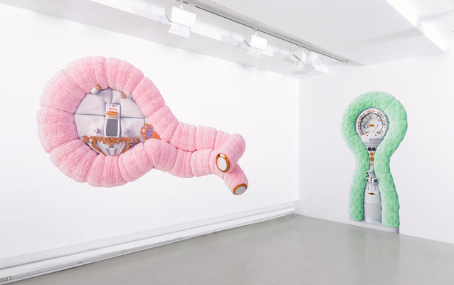 Installation view of Sentries at Anna Nova Gallery showing a colorful and ominous presence in the art gallery space
